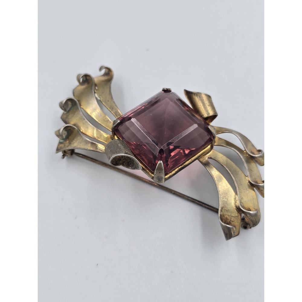 Vintage Sterling Gold Tone Purple Faceted Glass Brooch Pin Art Deco - Picture 5 of 14
